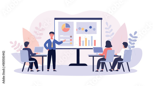 Dynamic team leader illustration for business banners and advertisements showcasing collaboration and leadership in a stylized modern design with vibrant cmyk colors and clear typography