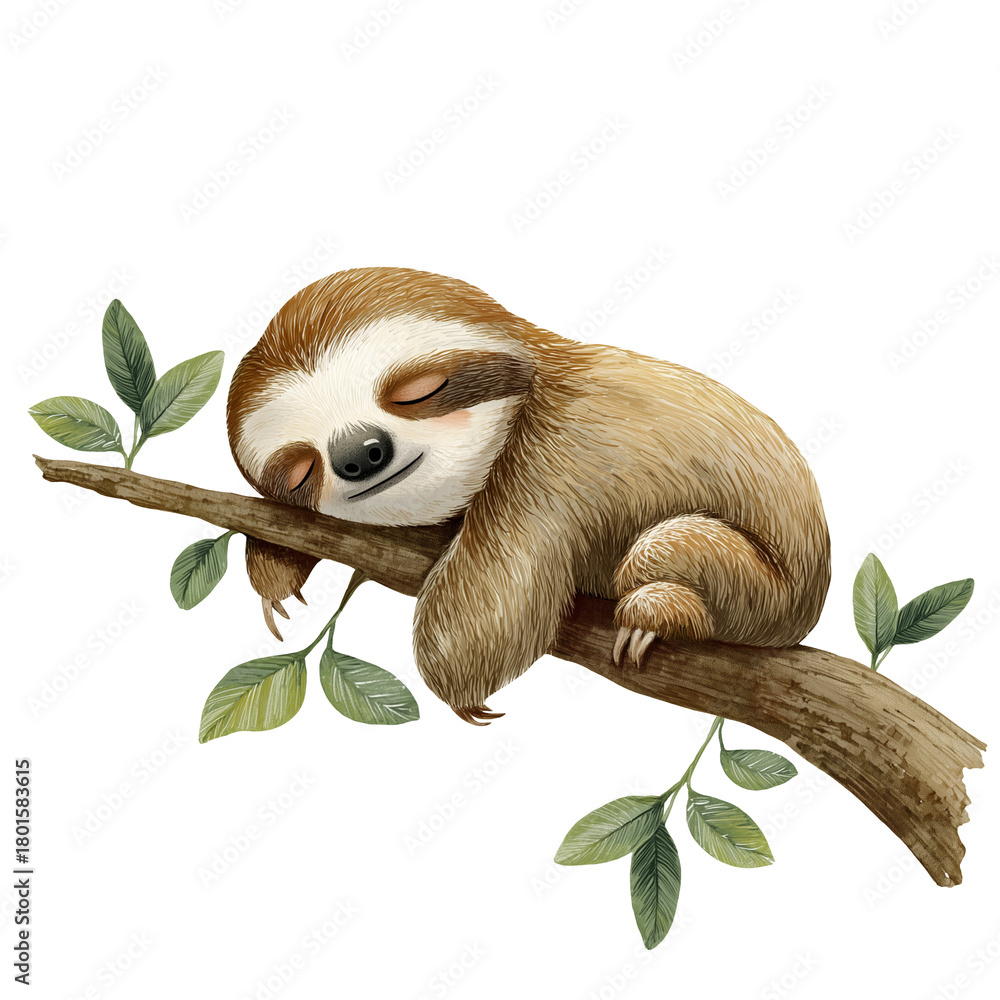 Obraz premium Sweet Baby Sloth Sleeps Peacefully While Draped Over a Tree Branch