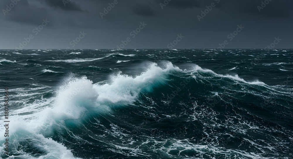 Fototapeta premium Dramatic Ocean Waves Crashing Against Each Other Under Dark Stormy Clouds Creating a Powerful and Intense Atmosphere at Sea