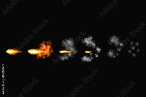 Gun flashes or gunshot animation. Collection of fire explosion effect during the shot with the gun. Cartoon flash effect of bullet starts. Shotgun fire, muzzle flash and explode