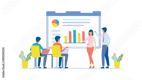 Minimalist flat vector illustration of a diverse marketing team collaborating and brainstorming ideas in a modern office setting conveying teamwork and strategy