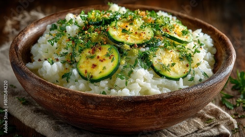 A wooden bowl filled with fluffy rice topped with zucchini slices and fresh herbs, perfect for a healthy meal or side dish.