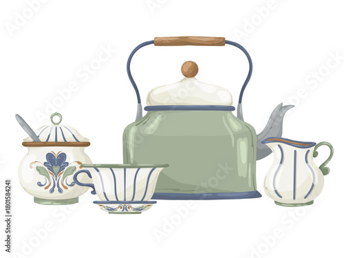 Rustic tea and coffee set with vintage enamel kettle, sugar bowl, cup, and creamer pitcher. Hand-drawn vector illustration in a cozy watercolor style, isolated on white for menu and product design