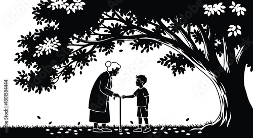 Illustration of grandmother and grandson under a tree silhouette art