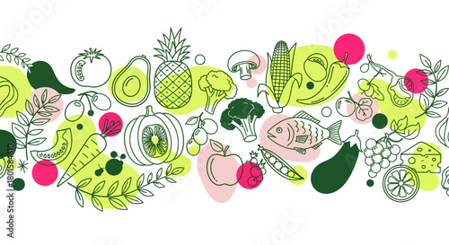 Seamless horizontal border illustration in a modern doodle style, showcasing a variety of healthy foods like fruits, vegetables, fish, and cheese over abstract color spots