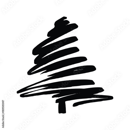 Paint Brush Christmas Tree Black Silhouette. Marker Hand Draw Christmas Tree Icon. Ink Brush Calligraphy Spruce Tree, Symbol for Winter Holidays