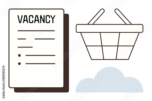 Vacancy form symbolizes open job positions, basket reflects marketplace or job selection. Ideal for employment, hiring, career search, business, opportunities, job applications, simple flat metaphor