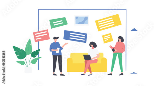 Charming pastel illustration of a relaxed coffee shop scene with people enjoying their drinks and conversations in a cozy inviting atmosphere