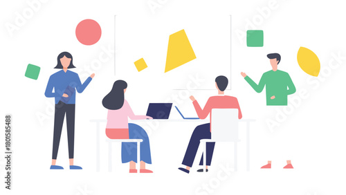 Pastel flat illustration of diverse coworkers collaborating and sharing creative ideas in a modern office environment promoting teamwork and innovation