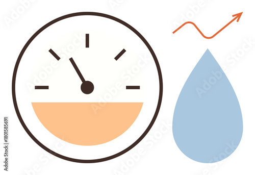 Analog gauge with center pointer, water drop shape, and upward arrow reflect measurement, sustainability, and growth. Ideal for business, environment, progress, data analytics strategy simple flat