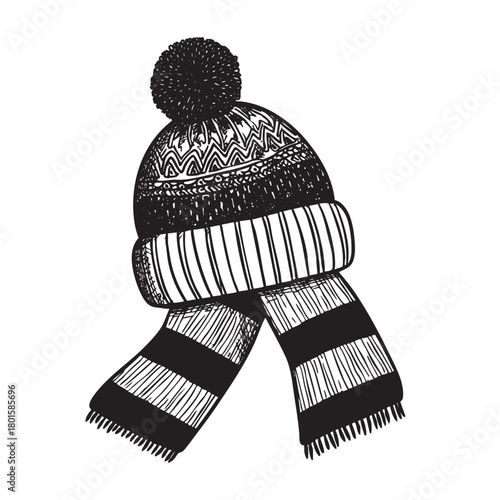 Knitted hat with a pompom and a striped scarf