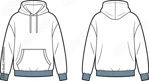 Pullover hoodie technical flat sketch, sweatshirt template with kangaroo pocket, ribbed cuffs and hem, fashion CAD vector illustration, apparel mock-up, front and back view.