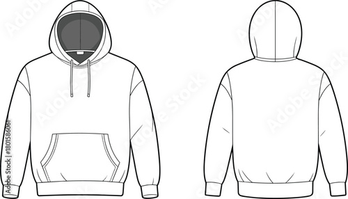 Pullover hoodie technical flat sketch, hooded sweatshirt template, kangaroo pocket, fashion CAD vector illustration, apparel mock-up, front and back view.