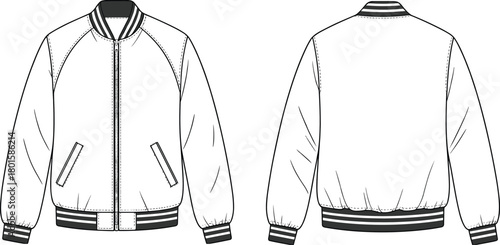 Bomber jacket technical flat sketch, zip-up varsity template with raglan sleeves, striped rib trim, fashion CAD vector illustration, apparel mock-up, front and back view.