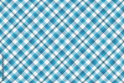 Subtle textile check tartan, towel plaid background texture. Halftone vector fabric pattern seamless in cyan and white colors.
