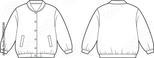 Bomber jacket technical flat sketch, snap-front varsity jacket template, outerwear mock-up with welt pockets, fashion CAD vector illustration, front and back view.