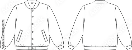 Bomber jacket technical flat sketch, snap-front varsity jacket template, outerwear mock-up with welt pockets, fashion CAD vector illustration, front and back view.