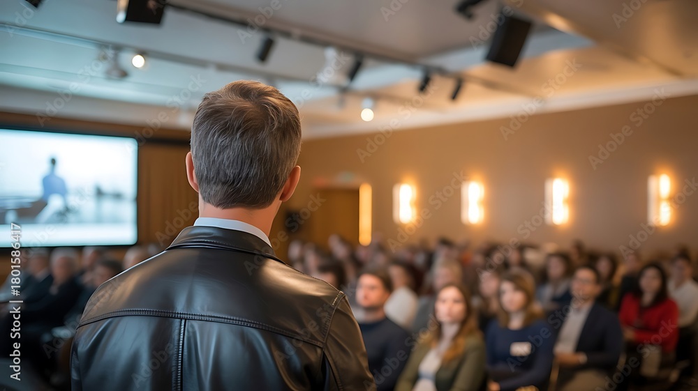 Fototapeta premium Man in black leather jacket speaking to audience in conference room with projector screen presentation