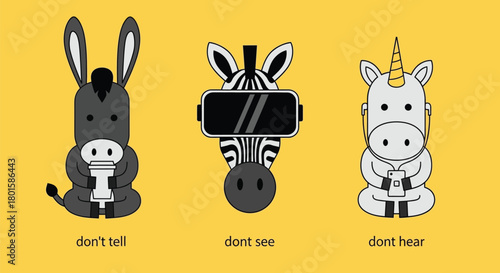 Funny cartoon animals illustration with vr headset and headphones