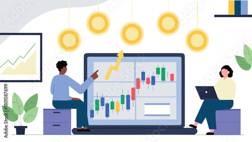 Realistic high definition 3d render of a financial advertisement banner showcasing growth and investment opportunities with vibrant colors and modern design elements