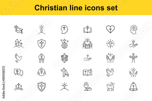 A collection of simplistic christian line icons representing faith worship and religious symbols in a minimalist style