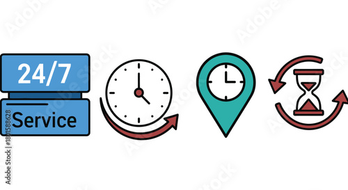 Service availability hours location time management vector concept