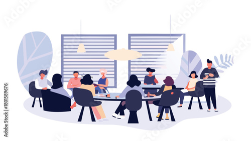 Stylized illustration of a diverse team collaborating during a morning office meeting featuring people at a table with laptops and coffee conveying teamwork and business communication
