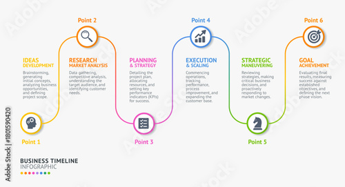 Abstract business infographic design template with 6 options. Colorful Timeline diagram with 6 steps background.
