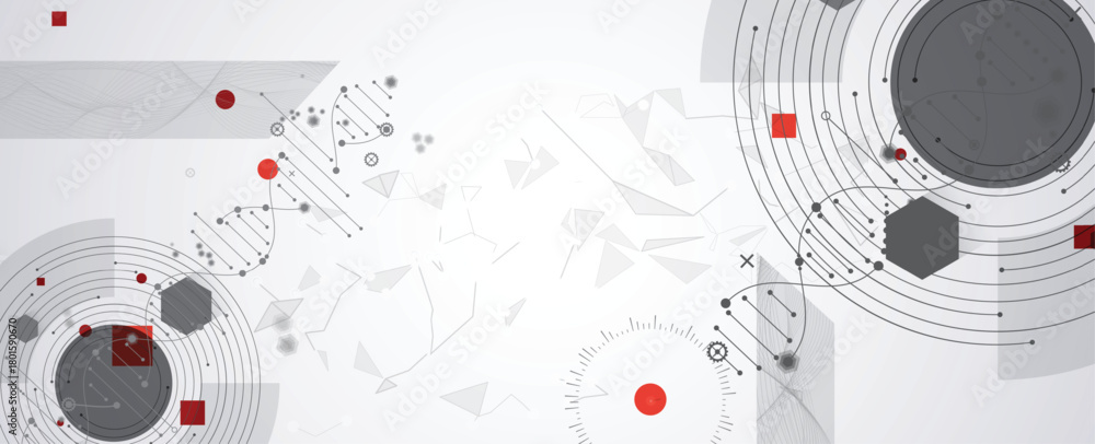 Obraz premium Futuristic hexagons, DNA strands, connected neural web structure