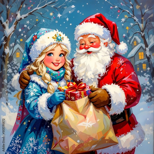Young girl with Santa Claus holding gifts in winter wonderland  