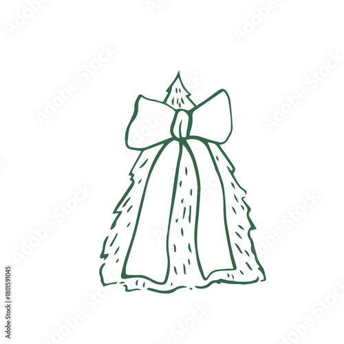 Wallpaper Mural Green Christmas tree with bow and ribbon in whimsical style. Vector doodle winter illustration Torontodigital.ca