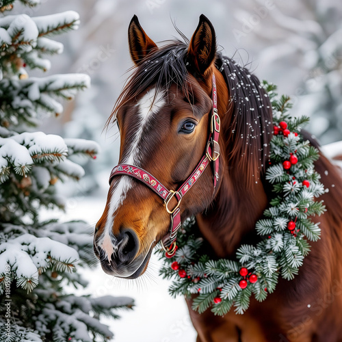 Horse wearing a festive wreath in snowy winter landscape  