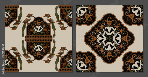 Retro and vintage Borneo Dayak tribal patterns with tile bandana patterns and carpets or rugs