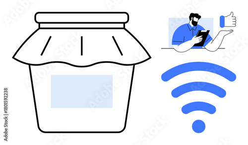 Jam jar representing preservation, wireless symbol for connectivity, and person managing content on tablet with approval sign. Ideal for technology, internet, connection, digital interaction, remote