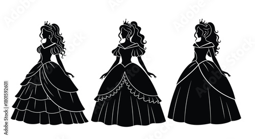 Princess silhouette vector art collection gowns crowns and dresses