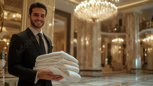 Smiling Hotel Staff Holding Fresh Towels in Luxurious Setting