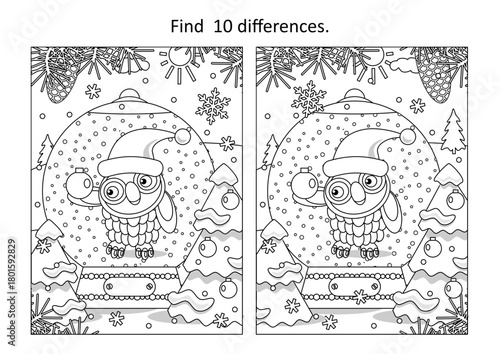 Winter holidays, New Year or Christmas snow globe with owl decorating tree christmas tree difference game. Picture puzzle and coloring page.
