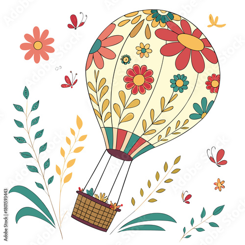 Whimsical floral hot air balloon floating among butterflies and plants
