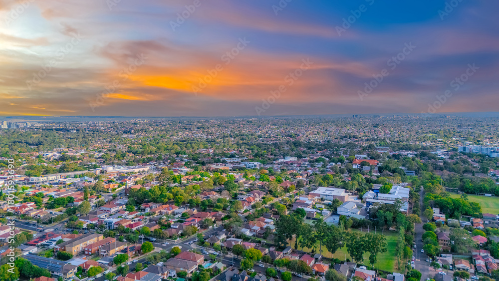 Fototapeta premium Aerial Panorama Drone View of a inner western Sydney Suburb of Ashbury Urban Sprawl and the terracotta roof tops streets and trees of Suburban Sydney NSW Australia