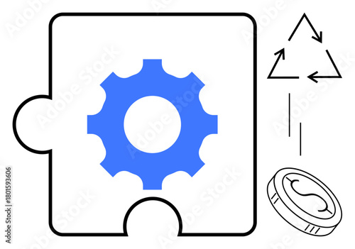 Blue gear on puzzle piece, recycling symbol, and coin indicates teamwork, eco-friendliness, savings, and interconnected processes. Ideal for innovation, teamwork, sustainability recycling