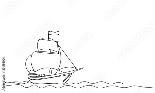 Line Drawing of Old Sailing Ship Floating on Sea Waves, Vintage Wooden Yacht, Classic Sailboat Isolated on White Background, Nautical Transport Single Line Art