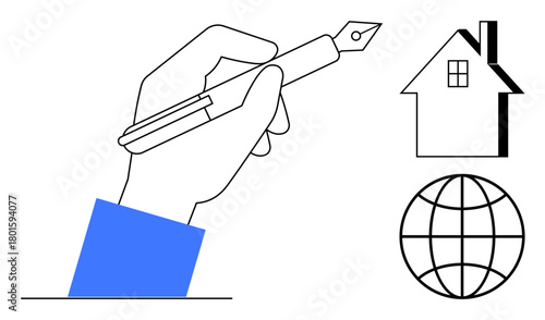 Hand gripping a fountain pen with house and globe icons representing creativity, writing, architecture, global communication, education, and ideas. Ideal for business, design, real estate learning