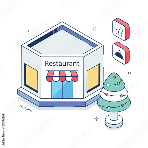 Festive restaurant decorated for the Christmas season, isometric illustration