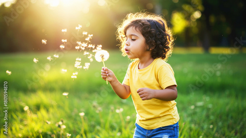 Little child blowing dandelion in sunny field at sunset. Happy kid making a wish concept for childhood, nature, and summer advertising.
