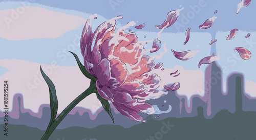 A beautiful pink peony flower with petals blowing away in the wind.