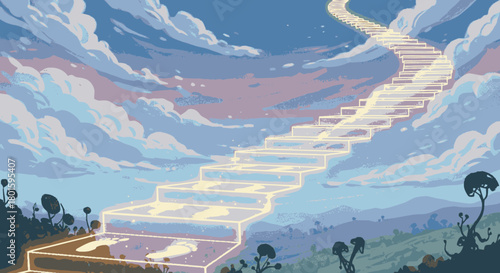 A divine staircase of light reaching into the cloudy sky.