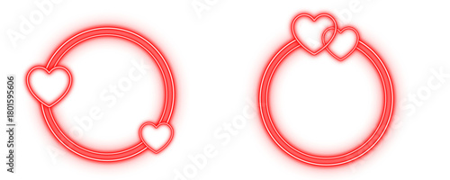 Red circle frame heart line set neon light colorful shaped object elements isolated on white background