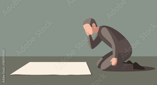 A grieving man in a dark suit kneels in despair and sorrow.