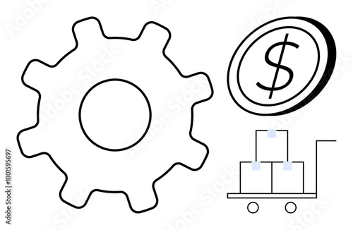 Gearwheel, dollar coin, and trolley with boxes highlight connections between productivity, money, and supply chain optimization. Ideal for concepts thumbs up business, production, cost management