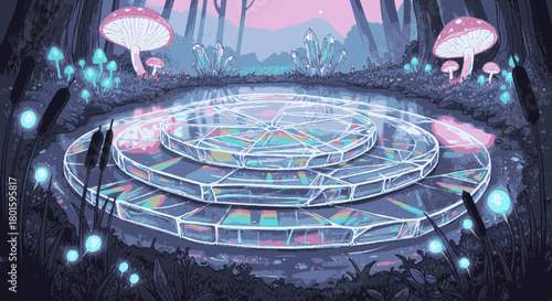 A luminous multi-tiered circular stage with intricate geometric patterns.